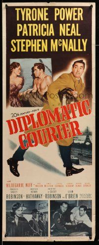 8m637 DIPLOMATIC COURIER insert '52 cool art of Patricia Neal pulling gun on shirtless Tyrone Power!