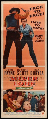 8m937 SILVER LODE insert '54 art of cowboy John Payne in gunfight, sexy Lizabeth Scott!