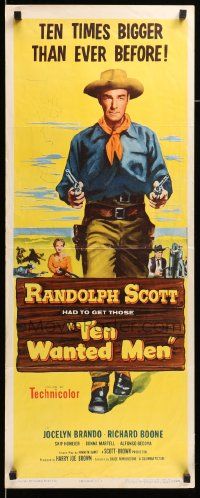 8m965 TEN WANTED MEN insert '54 cool image of cowboy Randolph Scott with two six-shooters!
