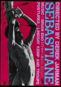 8p985 SEBASTIANE Japanese '78 Derek Jarman, close up of naked man tied to pole stuck with arrows!
