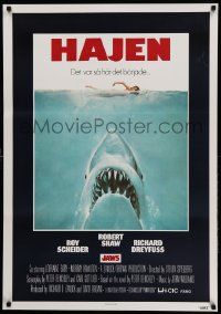 8p092 JAWS Swedish '75 art of Steven Spielberg's classic man-eating shark attacking sexy swimmer!