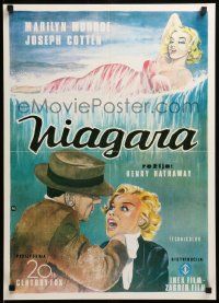 8p306 NIAGARA Yugoslavian 19x27 R80s artwork of gigantic sexy Marilyn Monroe on famous waterfall!