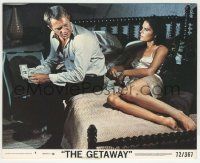 8r015 GETAWAY 8x10 mini LC #4 '72 Steve McQueen & sexy Ali McGraw in negligee on bed with cash!