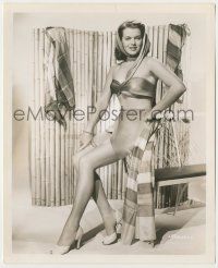 8r489 JANIS PAIGE 8.25x10 still '50s in skimpy swimsuit & high heels with scarf over head!