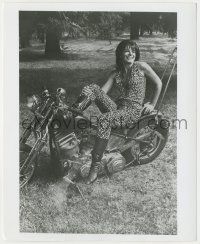 8r789 SABRINA SCHARF 8.25x10 still '70s in leopardskin outfit sitting on cool motorcycle!