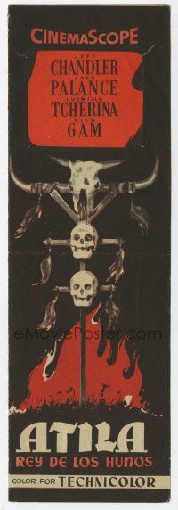 8s613 SIGN OF THE PAGAN 4pg die-cut Spanish herald '55 cool MCP art of skulls on pole over fire!