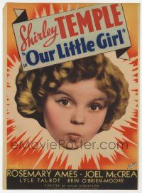 8s008 OUR LITTLE GIRL mini WC '35 great headshot of cute Shirley Temple with puckered lips!