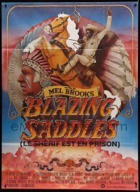 8t629 BLAZING SADDLES French 1p '75 classic Mel Brooks western, art of Cleavon Little on horse!