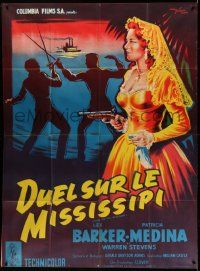 8t695 DUEL ON THE MISSISSIPPI French 1p '57 Belinsky art of Patricia Medina + silhouette of duel!