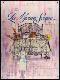 8t791 LA BONNE SOUPE French 1p '64 different art of Annie Girardot on bed covered by pillows!