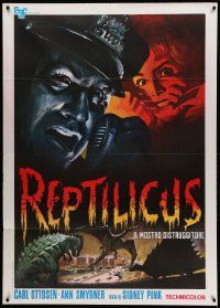 8t454 REPTILICUS Italian 1p R72 cool different art of terrified people over dinosaurs in city!