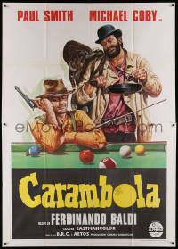 8t490 CARAMBOLA Italian 2p '74 wonderful spaghetti western art of cowboys sitting at pool table!