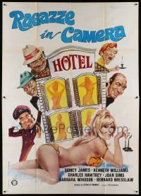 8t491 CARRY ON ABROAD Italian 2p '74 different art of Sidney James & guys staring at sexy woman!