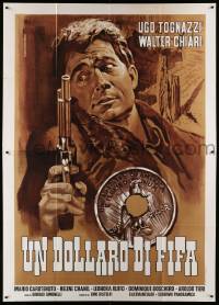 8t501 DOLLAR OF FEAR Italian 2p R72 Piovano art of Ugo Tognazzi with gun by coin with bullet hole!