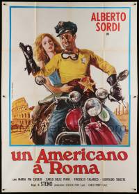 8t578 UN AMERICANO A ROMA Italian 2p '54 Ferrari art of Alberto Sordi & woman on motorcycle!