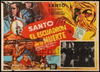 8t371 SANTO CONTRA CEREBRO DEL MAL 17x23 Mexican LC '58 great art of the masked wrestler with gun!