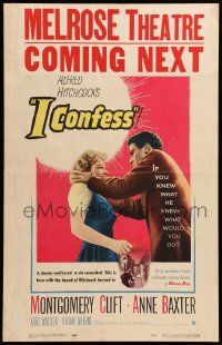 8t141 I CONFESS WC '53 Alfred Hitchcock, art of Montgomery Clift grabbing Anne Baxter!