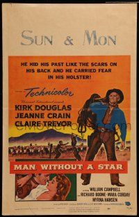 8t161 MAN WITHOUT A STAR WC '55 art of cowboy Kirk Douglas carrying saddle, Jeanne Crain