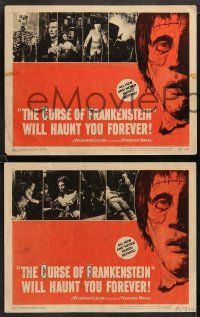 8w419 CURSE OF FRANKENSTEIN 7 LCs '57 Peter Cushing, cool close up monster border artwork!