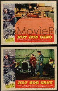 8w666 HOT ROD GANG 4 LCs '58 fast cars, crazy kids, border art of teens in dragsters & dancing girl!