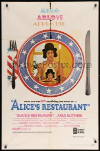 8y033 ALICE'S RESTAURANT 1sh '69 Arlo Guthrie, musical comedy directed by Arthur Penn, R-rated!