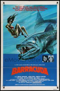8y067 BARRACUDA 1sh '78 great colorful artwork of huge killer fish attacking sexy diver in bikini!