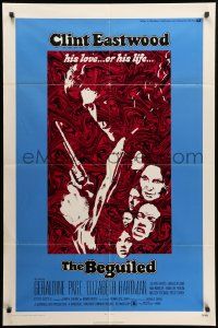 8y076 BEGUILED 1sh '71 cool psychedelic art of Clint Eastwood & Geraldine Page, Don Siegel