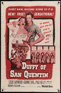 8y243 DUFFY OF SAN QUENTIN 1sh '54 Louis Hayward holds sexy nurse hostage, prison escape artwork!