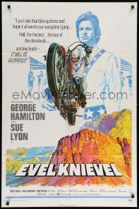 8y259 EVEL KNIEVEL 1sh '71 George Hamilton is THE daredevil, great art of motorcycle jump!
