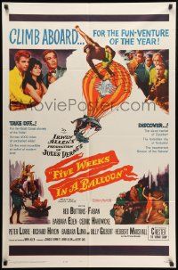 8y285 FIVE WEEKS IN A BALLOON 1sh '62 Jules Verne, Red Buttons, Fabian, Barbara Eden, climb aboard