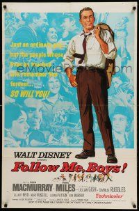 8y294 FOLLOW ME BOYS 1sh '66 Fred MacMurray leads Boy Scouts, young Kurt Russell, Walt Disney!