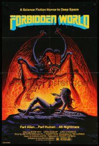 8y301 FORBIDDEN WORLD 1sh '82 Roger Corman, cool sci-fi art of giant monster attacking sexy girl!