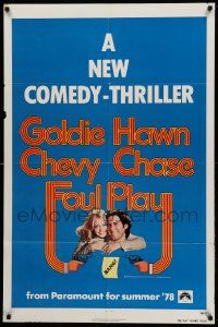 8y304 FOUL PLAY teaser 1sh '78 wacky Lettick art of Goldie Hawn & Chevy Chase, screwball comedy!