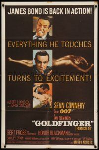 8y003 GOLDFINGER 1sh '64 images of Sean Connery as James Bond + golden Shirley Eaton, flat finish!