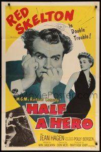 8y359 HALF A HERO 1sh '53 great image of Red Skelton in double trouble with Jean Hagen!