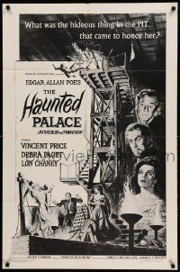 8y371 HAUNTED PALACE 1sh R1967 Vincent Price, Lon Chaney, Edgar Allan Poe, cool horror art!