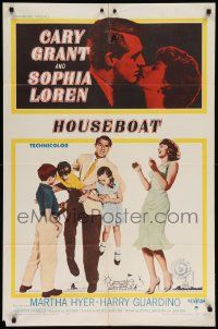 8y398 HOUSEBOAT 1sh '58 romantic close up of Cary Grant & beautiful Sophia Loren + with kids!