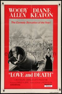 8y486 LOVE & DEATH style C 1sh '75 Diane Keaton about to fire Woody Allen out of a cannon!