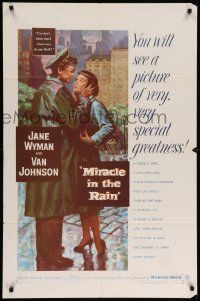 8y521 MIRACLE IN THE RAIN 1sh '56 great romantic art of Jane Wyman & Van Johnson!