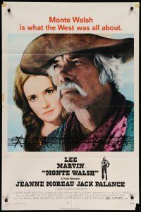8y526 MONTE WALSH 1sh '70 cowboy Lee Marvin & pretty Jeanne Moreau, cool black credit design!