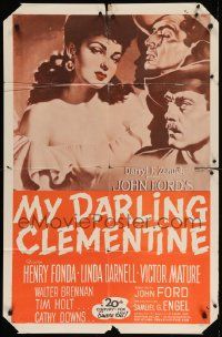 8y536 MY DARLING CLEMENTINE 1sh R60s John Ford, Henry Fonda, Victor Mature, different!