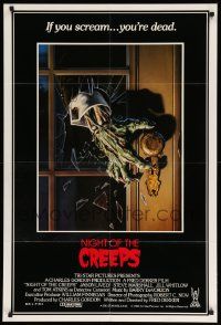 8y555 NIGHT OF THE CREEPS int'l 1sh '86 different art of zombie hand smashing through door window!