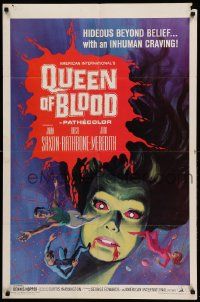 8y651 QUEEN OF BLOOD 1sh '66 Basil Rathbone, cool art of female monster & victims in her web!