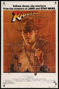 8y655 RAIDERS OF THE LOST ARK 1sh '81 great art of adventurer Harrison Ford by Richard Amsel!