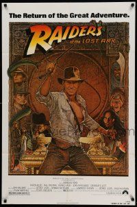 8y656 RAIDERS OF THE LOST ARK 1sh R82 great art of adventurer Harrison Ford by Richard Amsel!