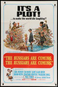 8y696 RUSSIANS ARE COMING 1sh '66 Carl Reiner, great Jack Davis art of Russians vs Americans!