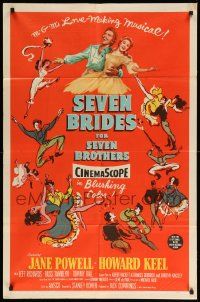 8y729 SEVEN BRIDES FOR SEVEN BROTHERS 1sh '54 art of Jane Powell & Howard Keel, classic musical!