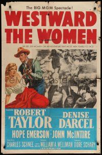 8y940 WESTWARD THE WOMEN 1sh '51 art of Robert Taylor & sexy mail-order bride Denise Darcel!