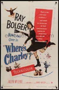 8y952 WHERE'S CHARLEY 1sh '52 great artwork of wacky cross-dressing Ray Bolger!