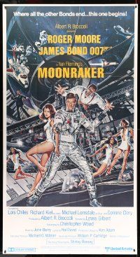 8z030 MOONRAKER 3sh '79 art of Roger Moore as James Bond & sexy space babes by Daniel Goozee!